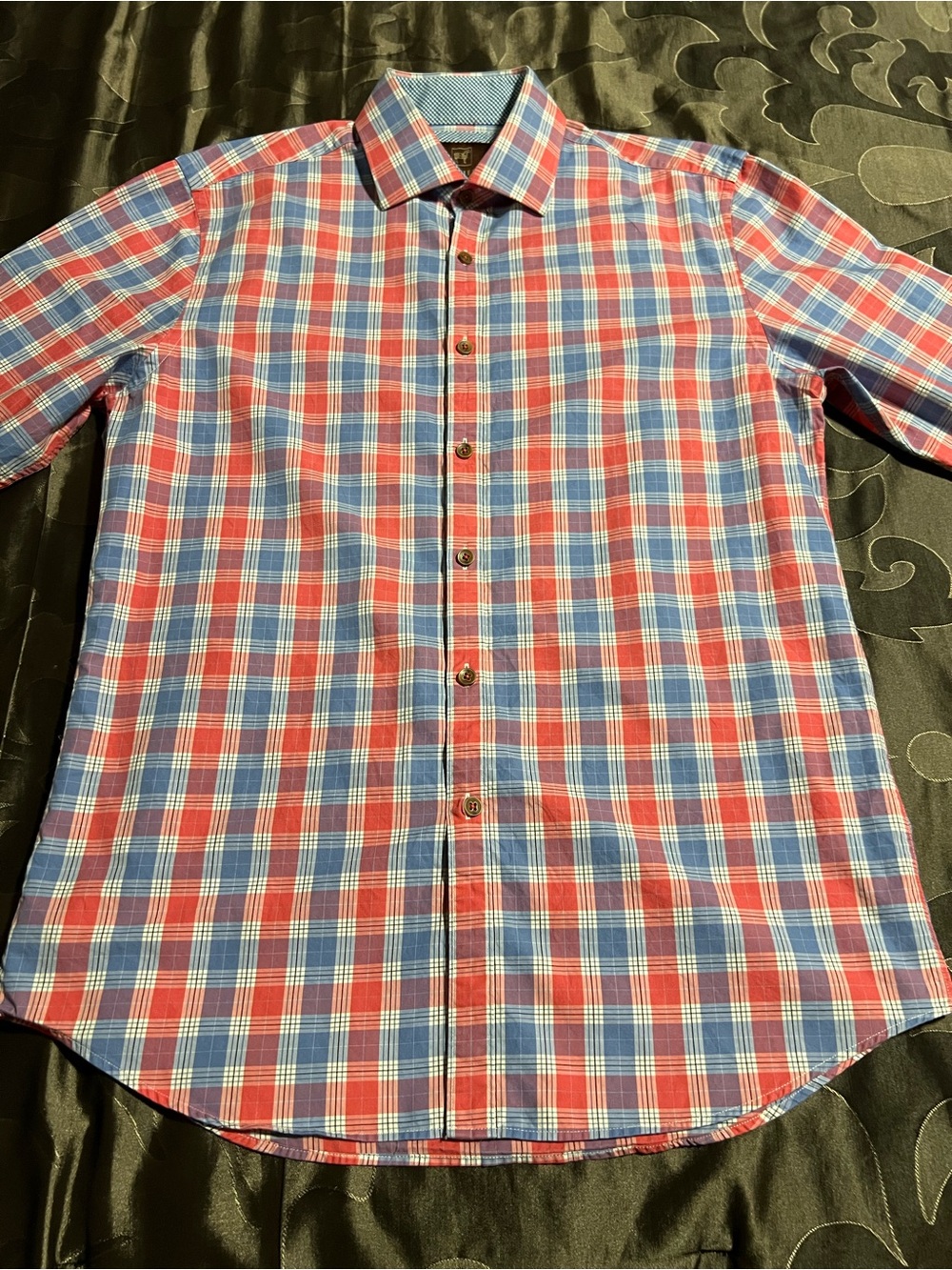 James Tattersall, London Men's Red & Blue Plaid Long-Sleeve Button-Down Shirt M